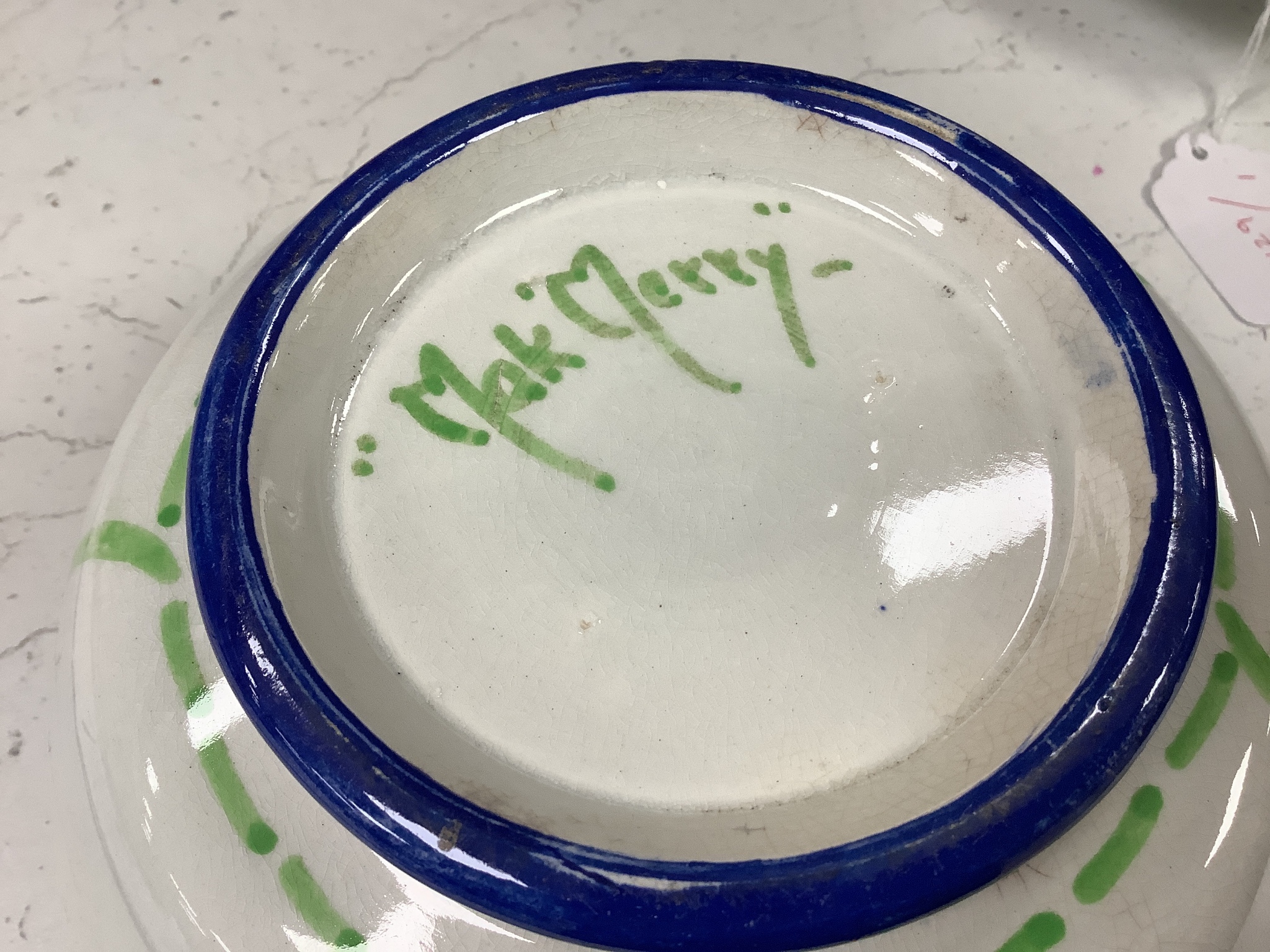 Three Scottish art pottery bowls, two signed Bough, one signed Mak Merry, and a Scottish decorated Rosenthal serving dish